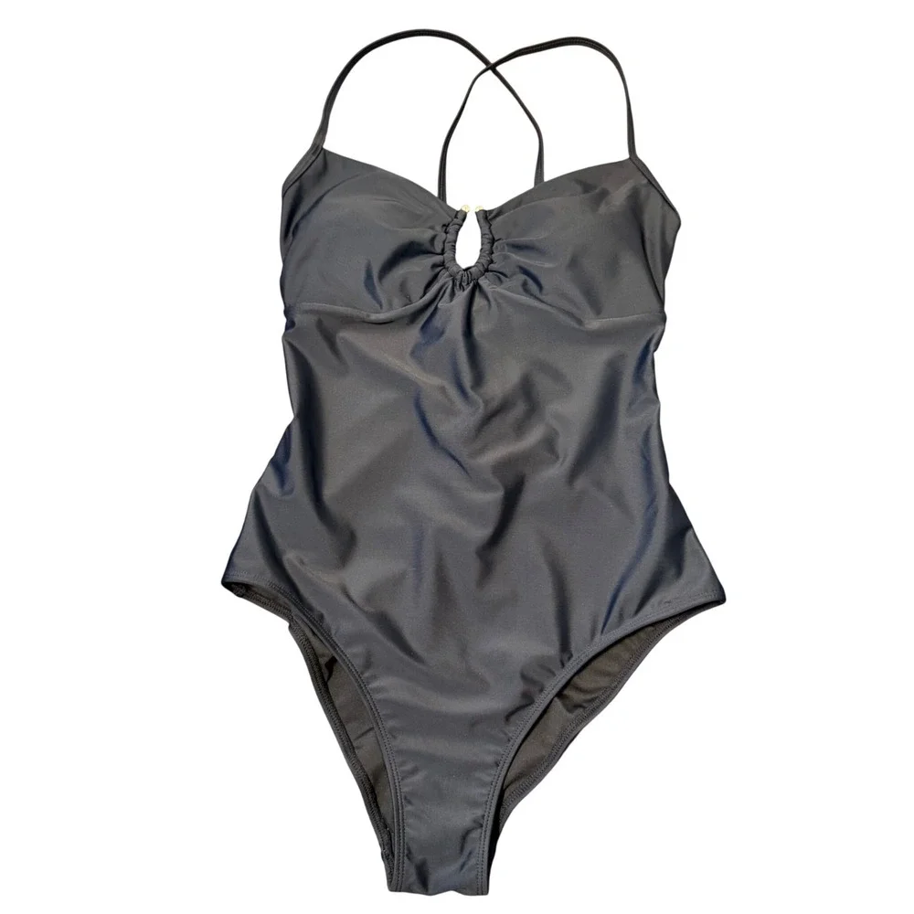 Black Lace Up Back One Piece Swimsuit NEW Large- Ruched Bust Minimalist Swimwear